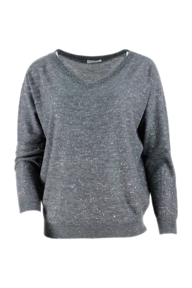 Brunello Cucinelli V-neck Long-sleeved Sweater In Cashmere, Silk And Hemp With Brilliant Yarn