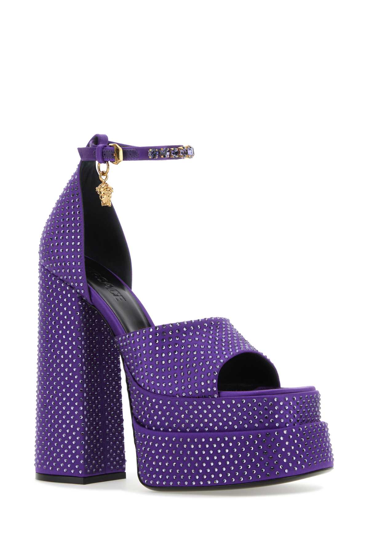 Shop Versace Purple Satin Medusa Aevitas Sandals In Darkorchidoro