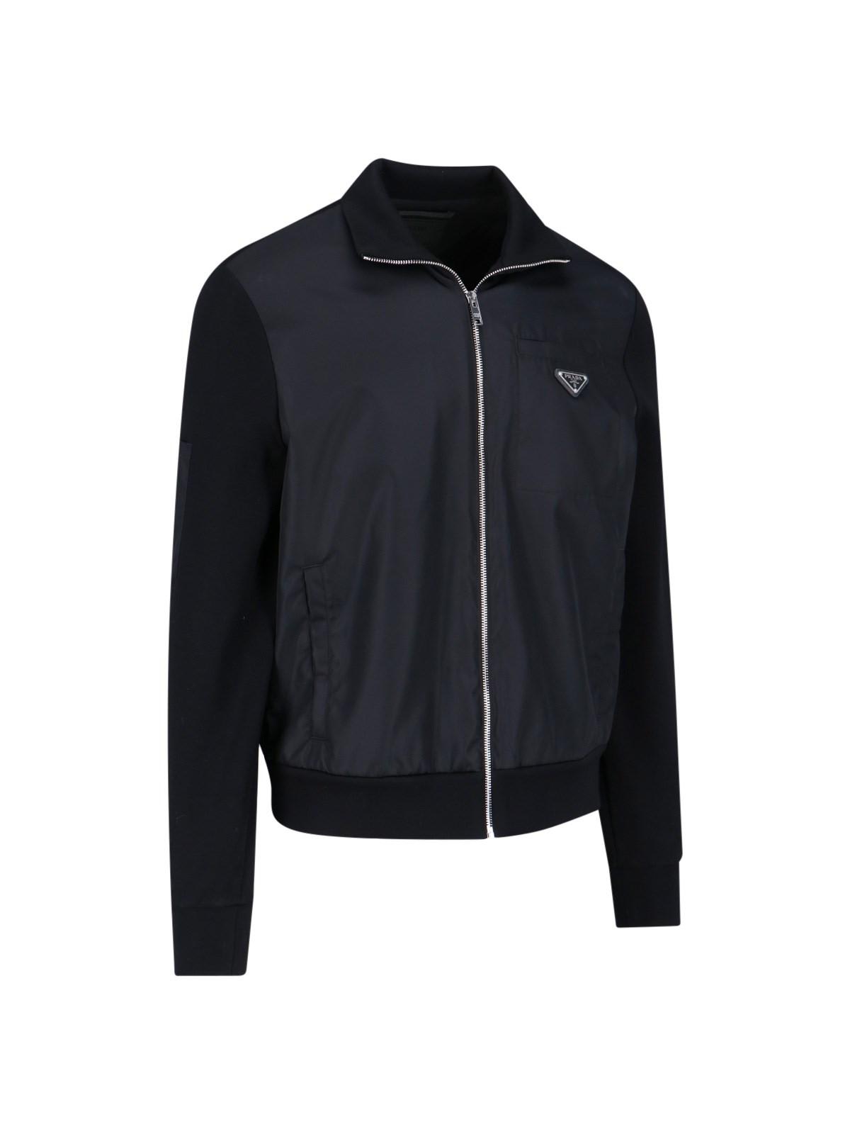 Shop Prada Nylon Detail Zip Sweatshirt In Nero E Nero