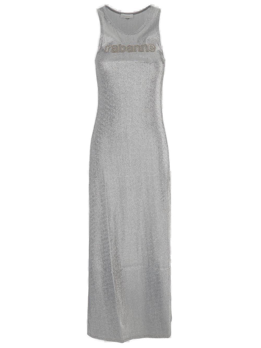 Shop Rabanne Logo Embellished Crewneck Sleeveless Dress In Silver