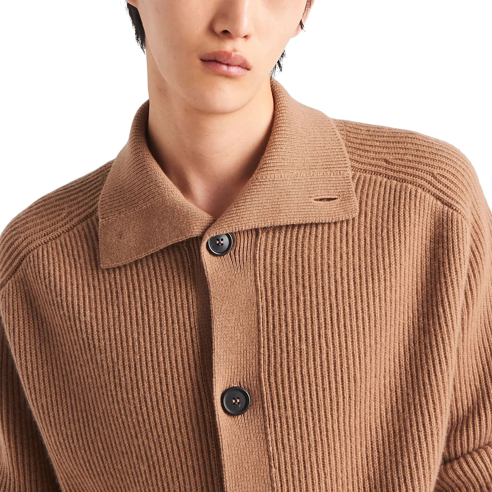 Prada Cashmere Ribbed Texture Cardigan With Patch Pockets In Brown