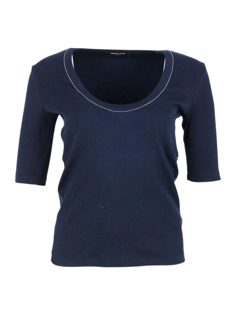 Shop Fabiana Filippi Ribbed Cotton T-shirt With U-neck, Elbow-length Sleeves Embellished With Rows Of Monili On The Neck  In Blu