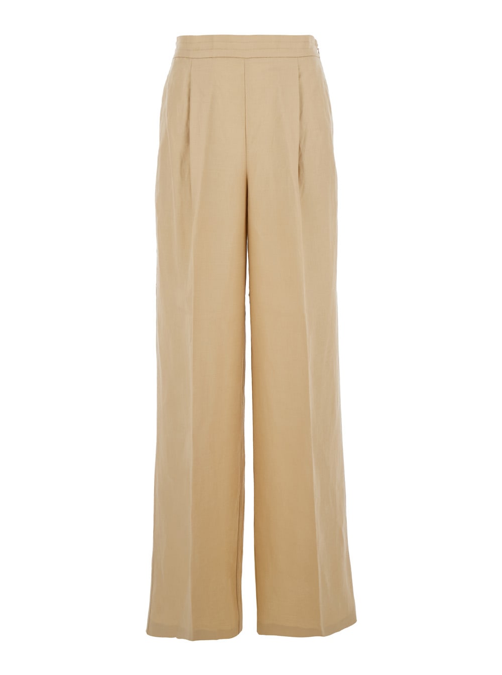 Beige Palazzo Pants With Elastic Waist And Logo Plaque On The Back In Wool Blend Woman