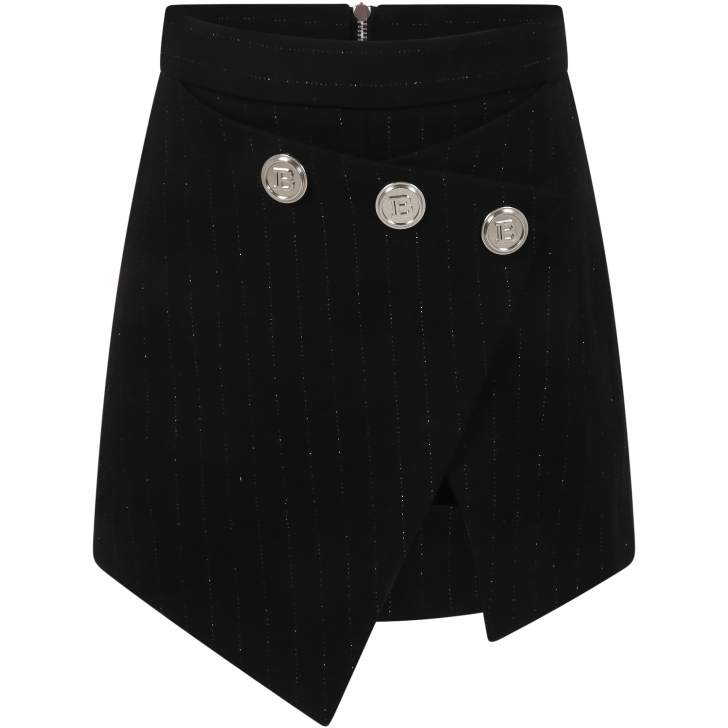Balmain Black Skirt For Girl With Loged Buttons