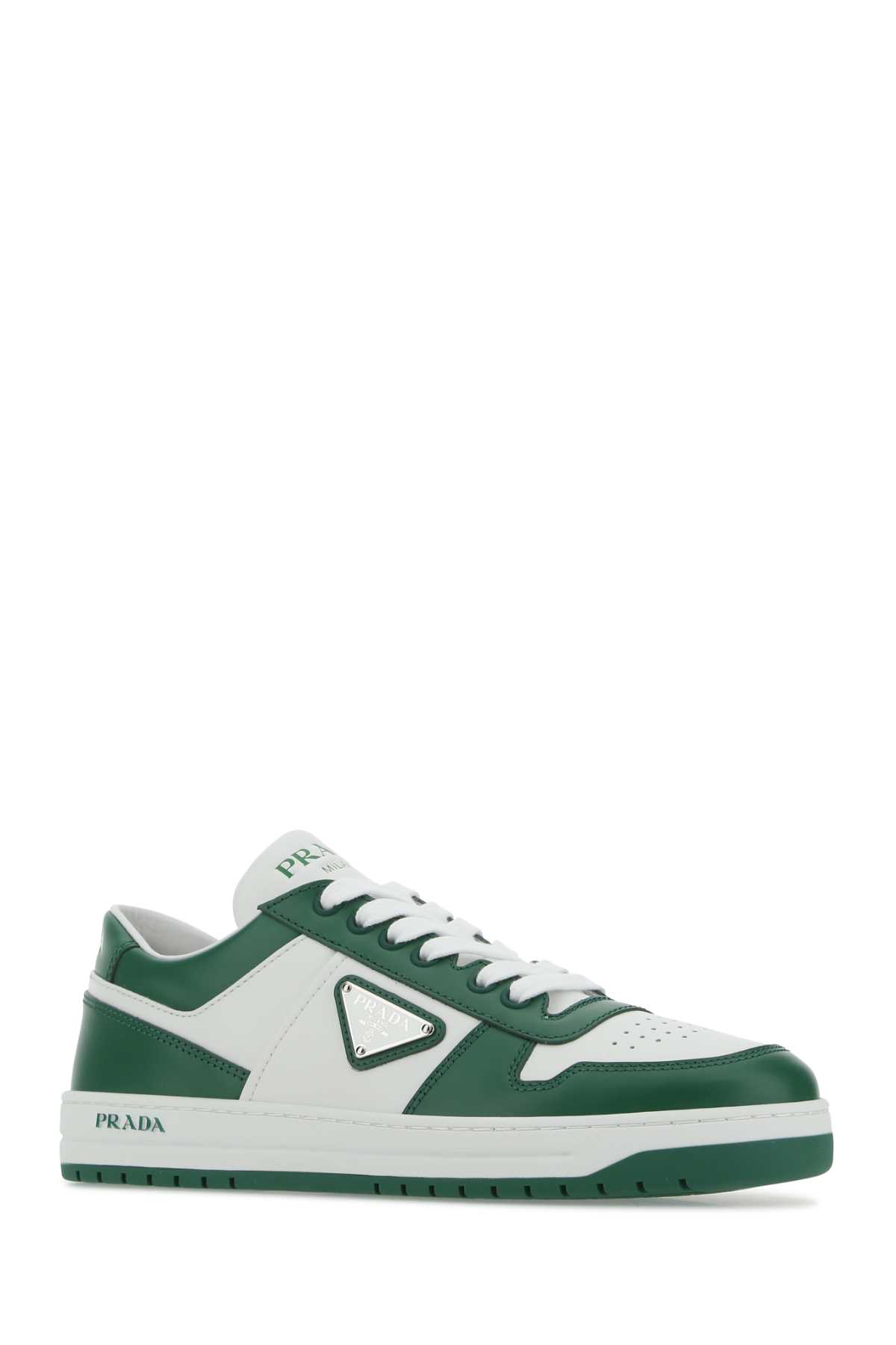 Shop Prada Two-tone Leather Downtown Sneakers In Bianco+mango