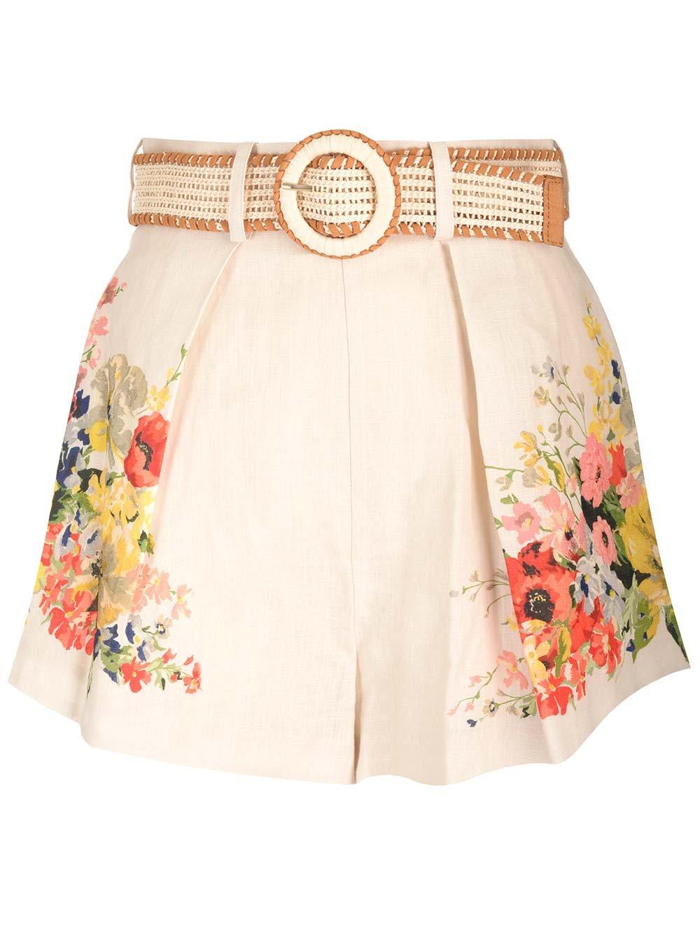 Shop Zimmermann Alight Floral Printed Belted Tuck Shors In Ivory Floral