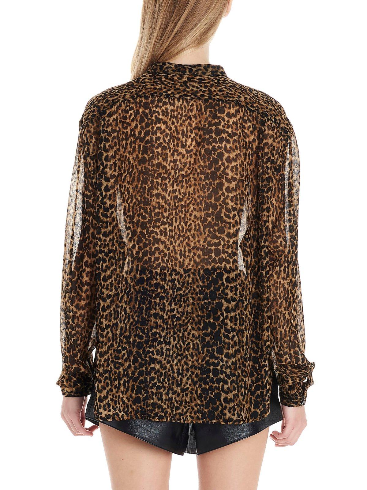 Saint Laurent Leopard Print Sheer Shirt In Animalier