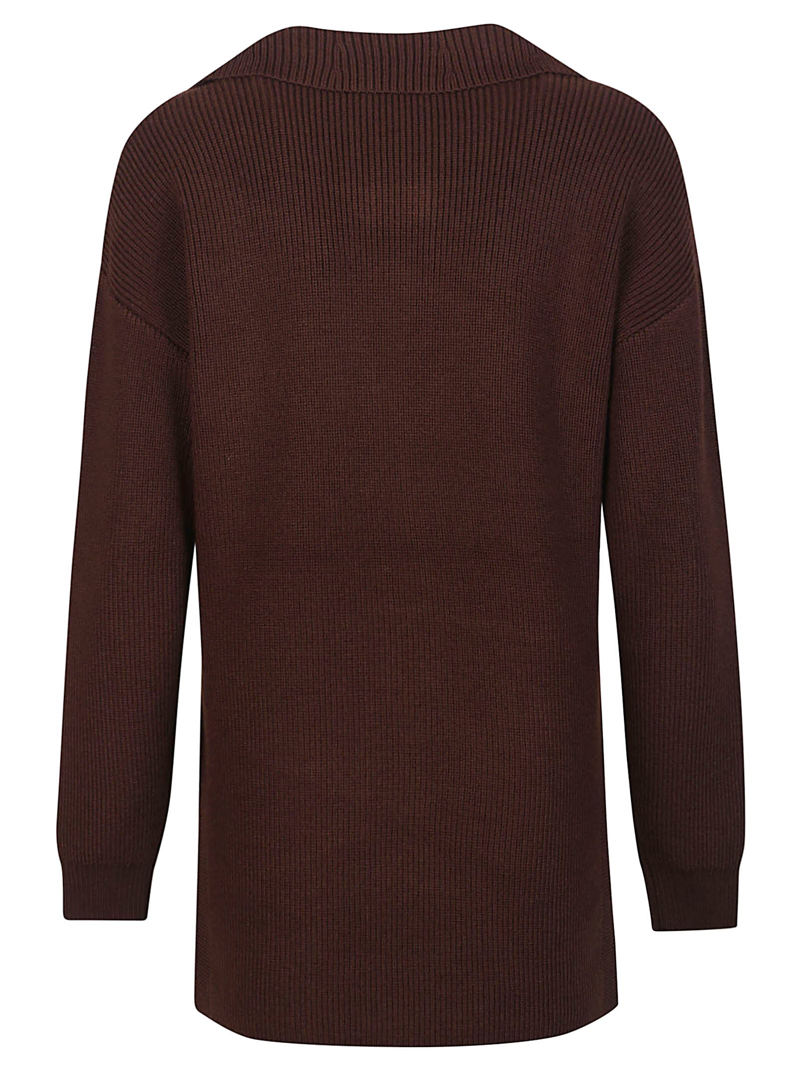 Elisabetta Franchi Knitwear Collared Design Long Sleeves Ribbed Texture V-neckline In Brown