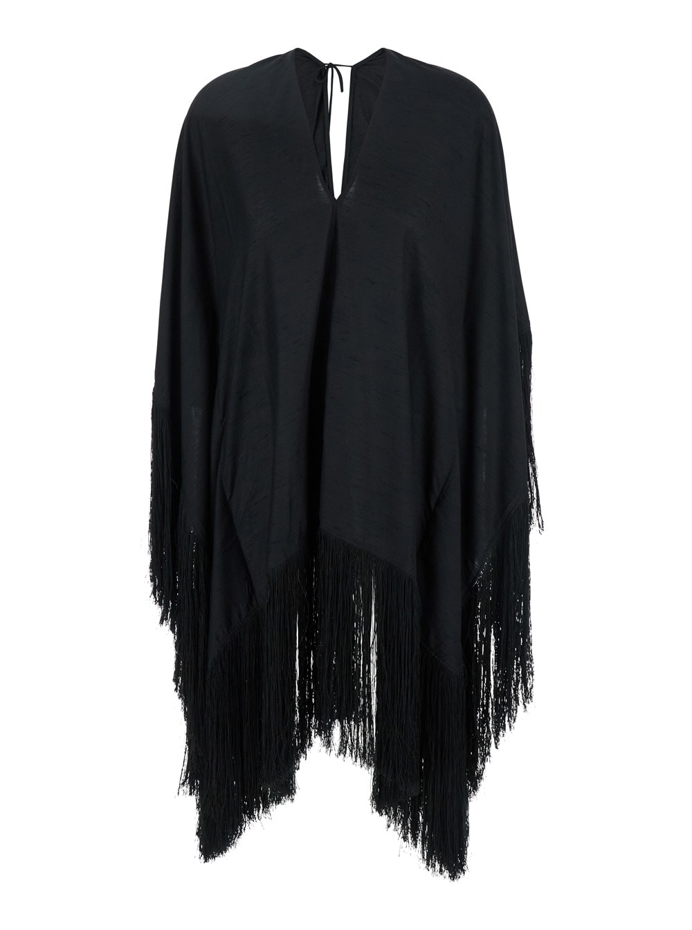 Black Kaftan With V Neck And Scarf Detail In Viscose Blend Woman