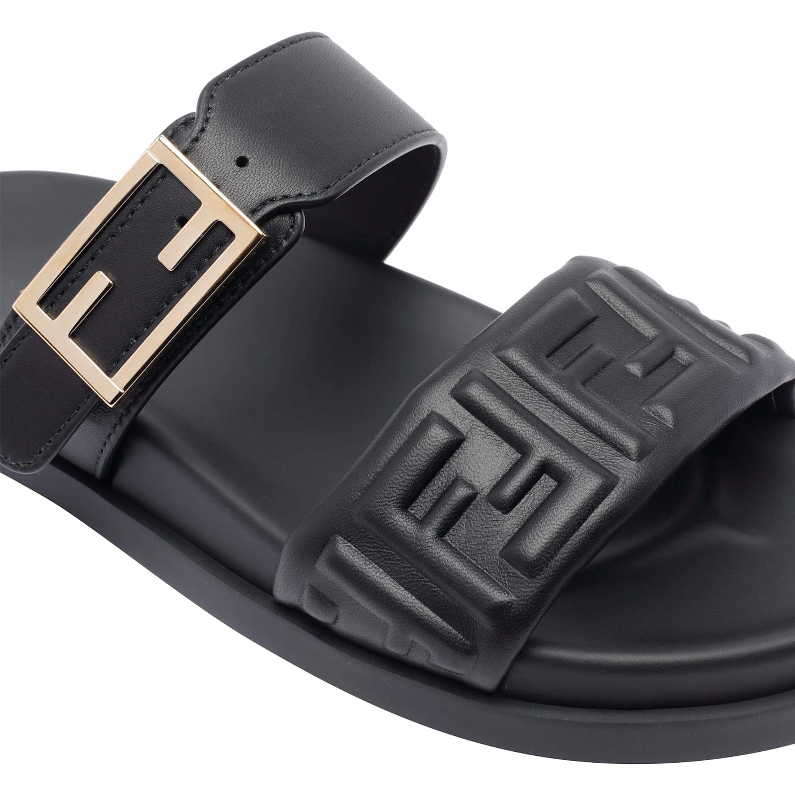 Fendi Nappa Leather Feel Double-band Slides Shoes In Black