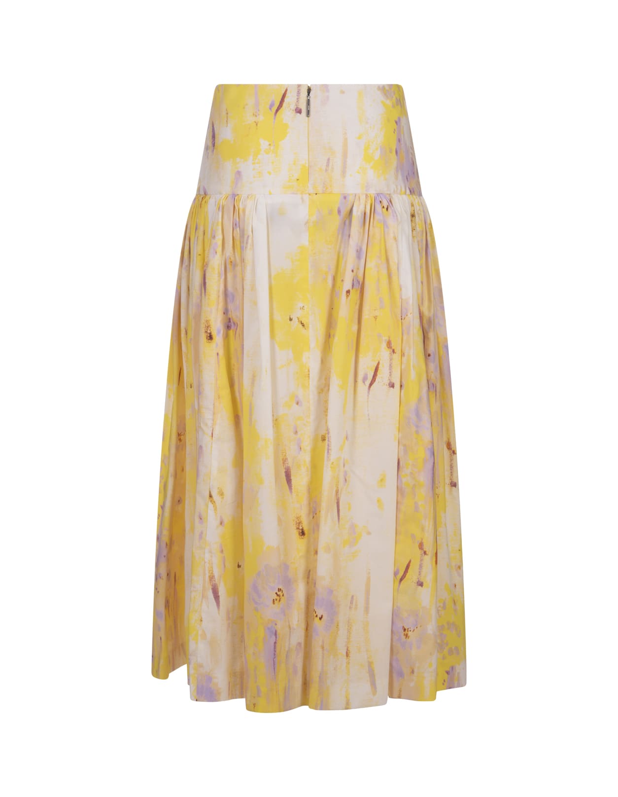 Shop Msgm Flared Midi Skirt In Poplin With Artsy Flower Print In Yellow