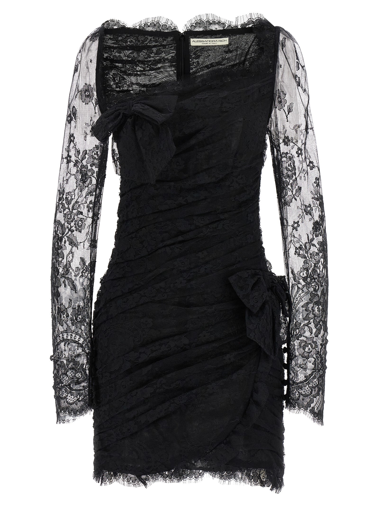 Alessandra Rich Draped Lace Mini Dress With Plunging Neckline In Black