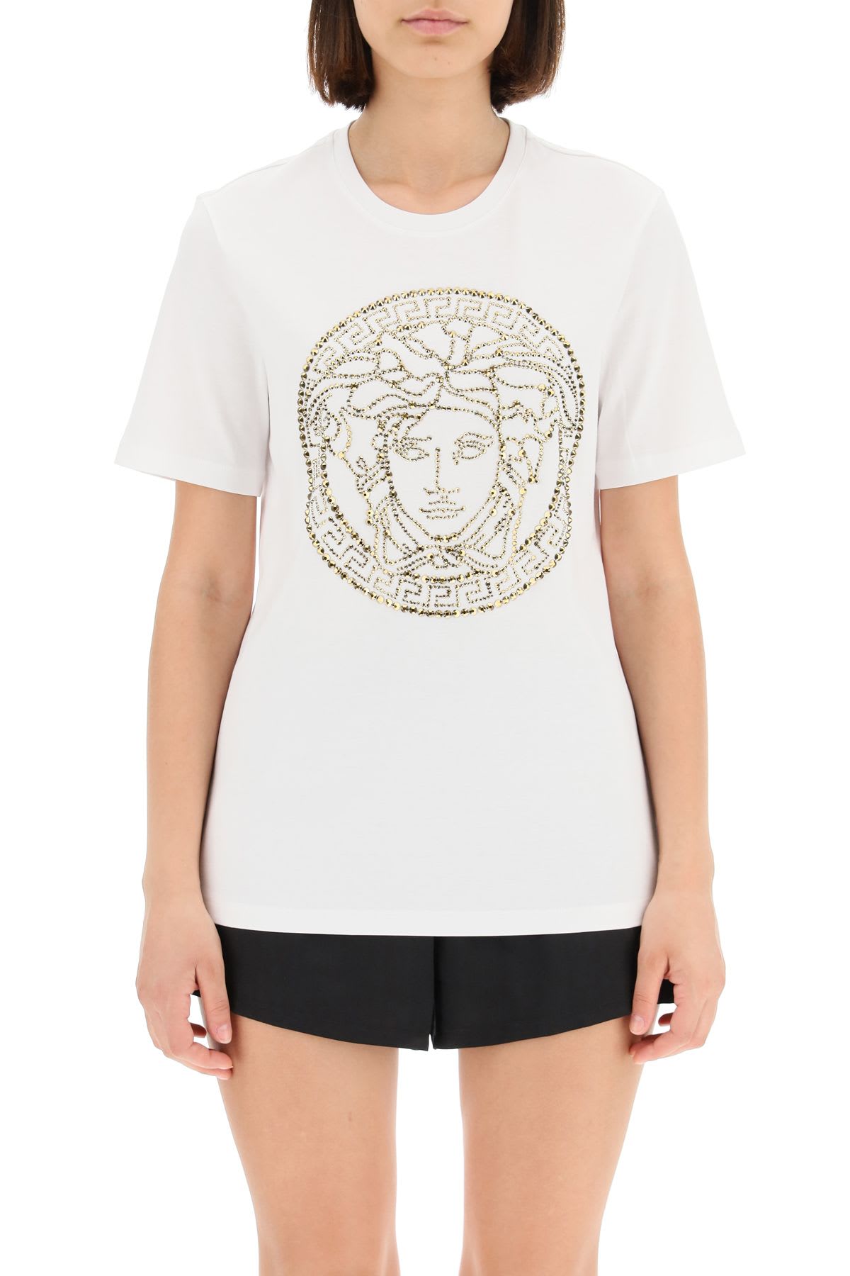 Versace White Cotton T-shirt With Applied Medusa Logo | ModeSens