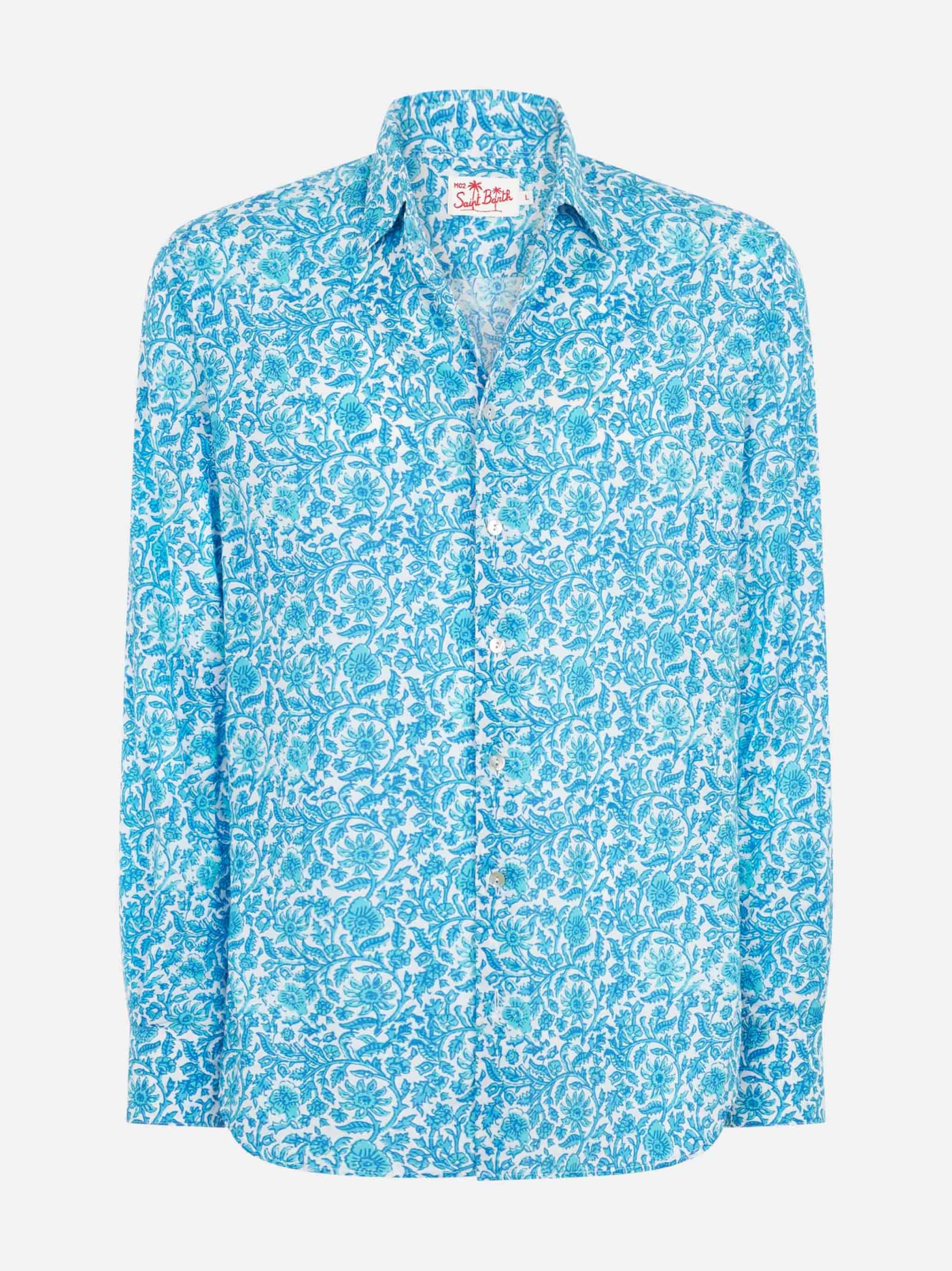 Mc2 Saint Barth Man Muslin Cotton Sikelia Shirt Flower Print In White