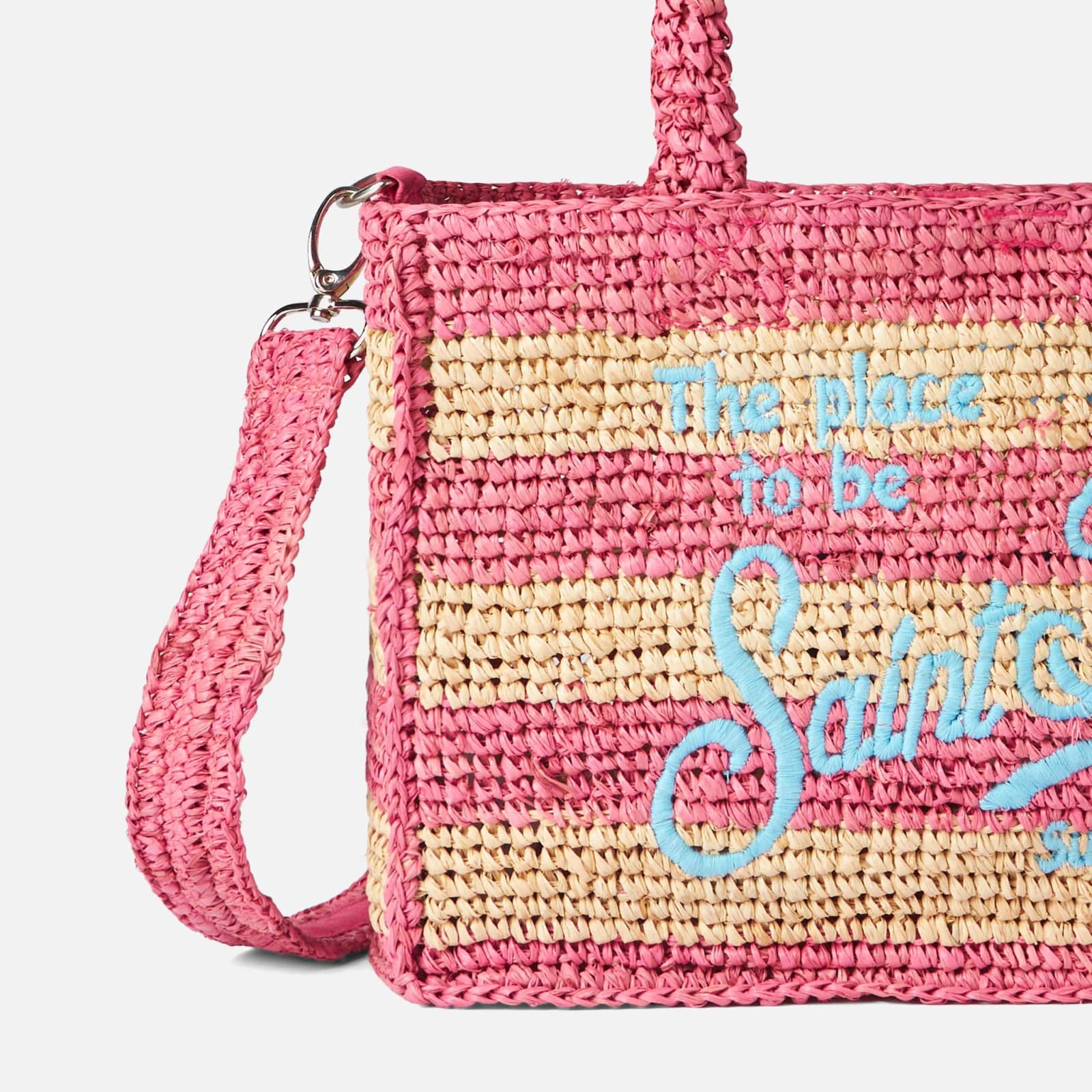 Shop Mc2 Saint Barth Colette Raffia Handbag With White And Pink Stripes