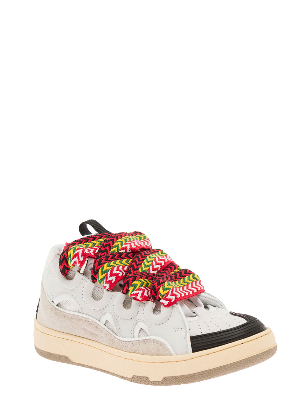 Shop Lanvin Curb Leather Sneakers With Multicolor Laces  Woman In White