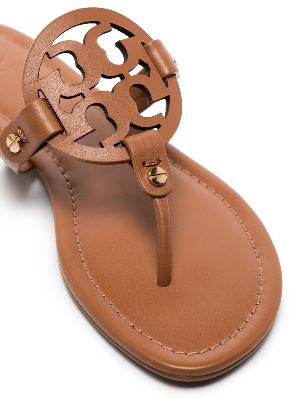 Shop Tory Burch Miller Brown Thong Sandal With Tonal Logo In Leather Woman