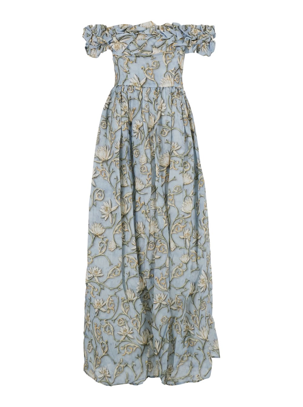 espliego Blue Long Dress With All-over Printed Floral Motif In Linen Woman