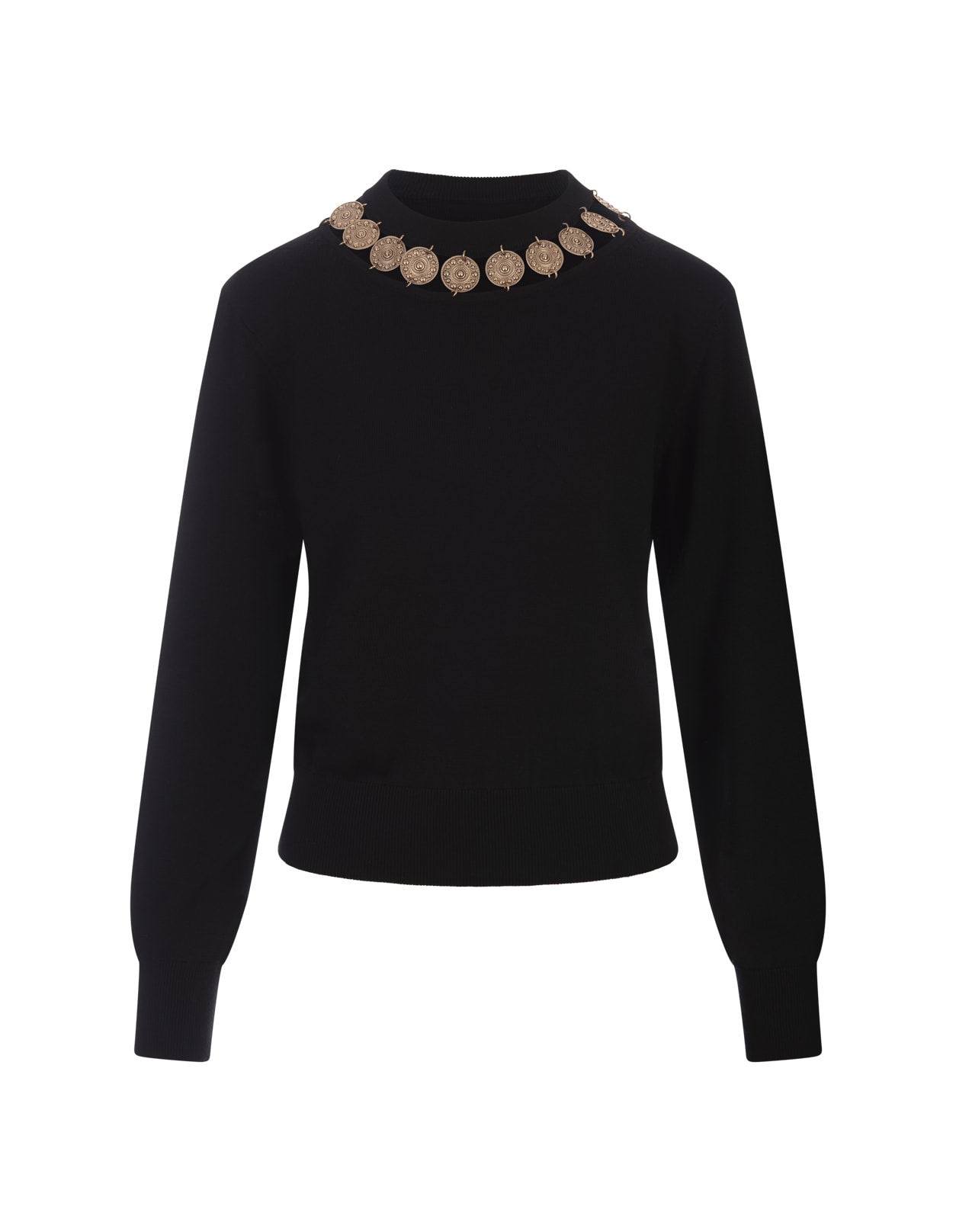 Black Crew Neck Sweater With Necklace Detail