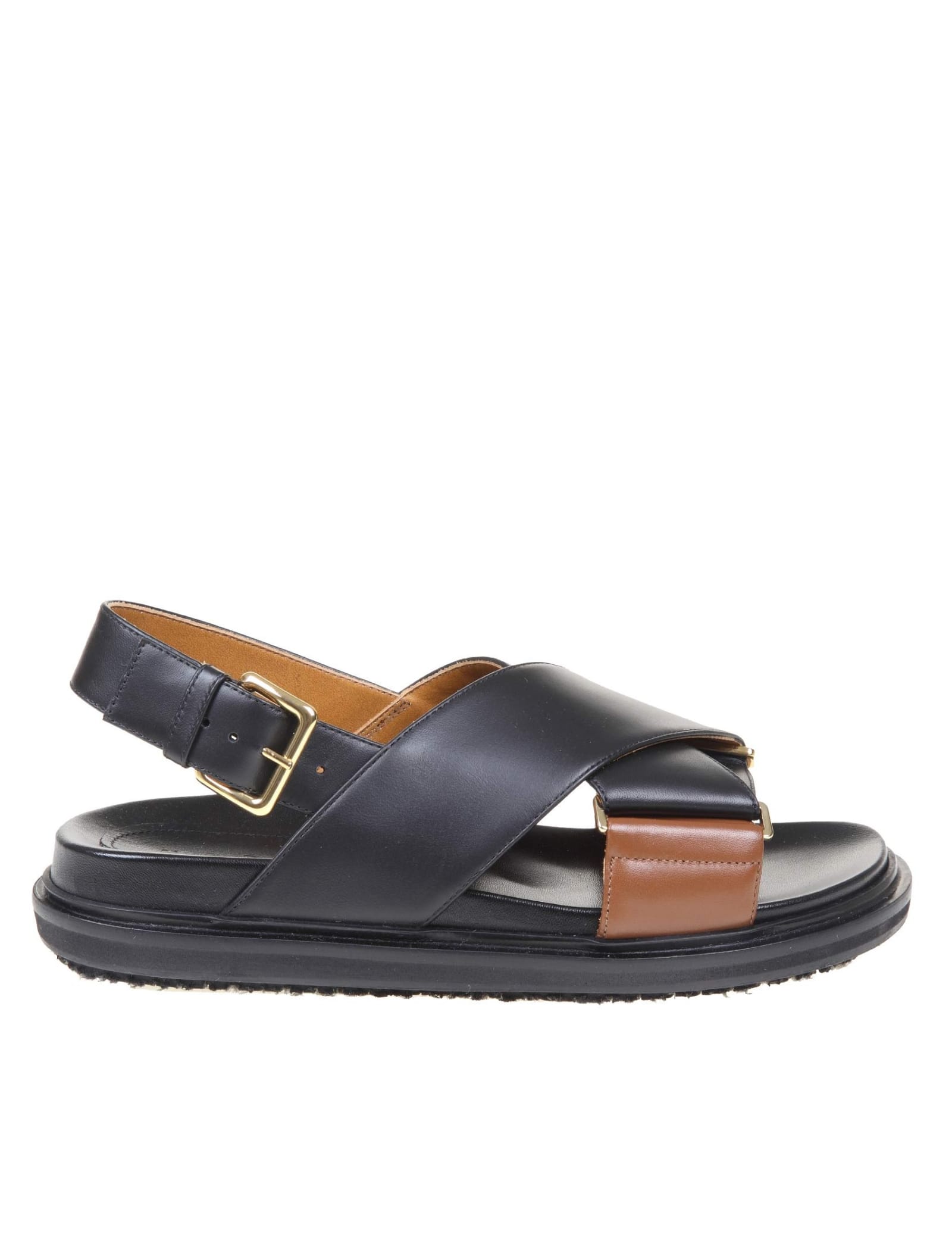 Buy Marni Fussbett Sandal In Black / Brown Leather online, shop Marni shoes with free shipping