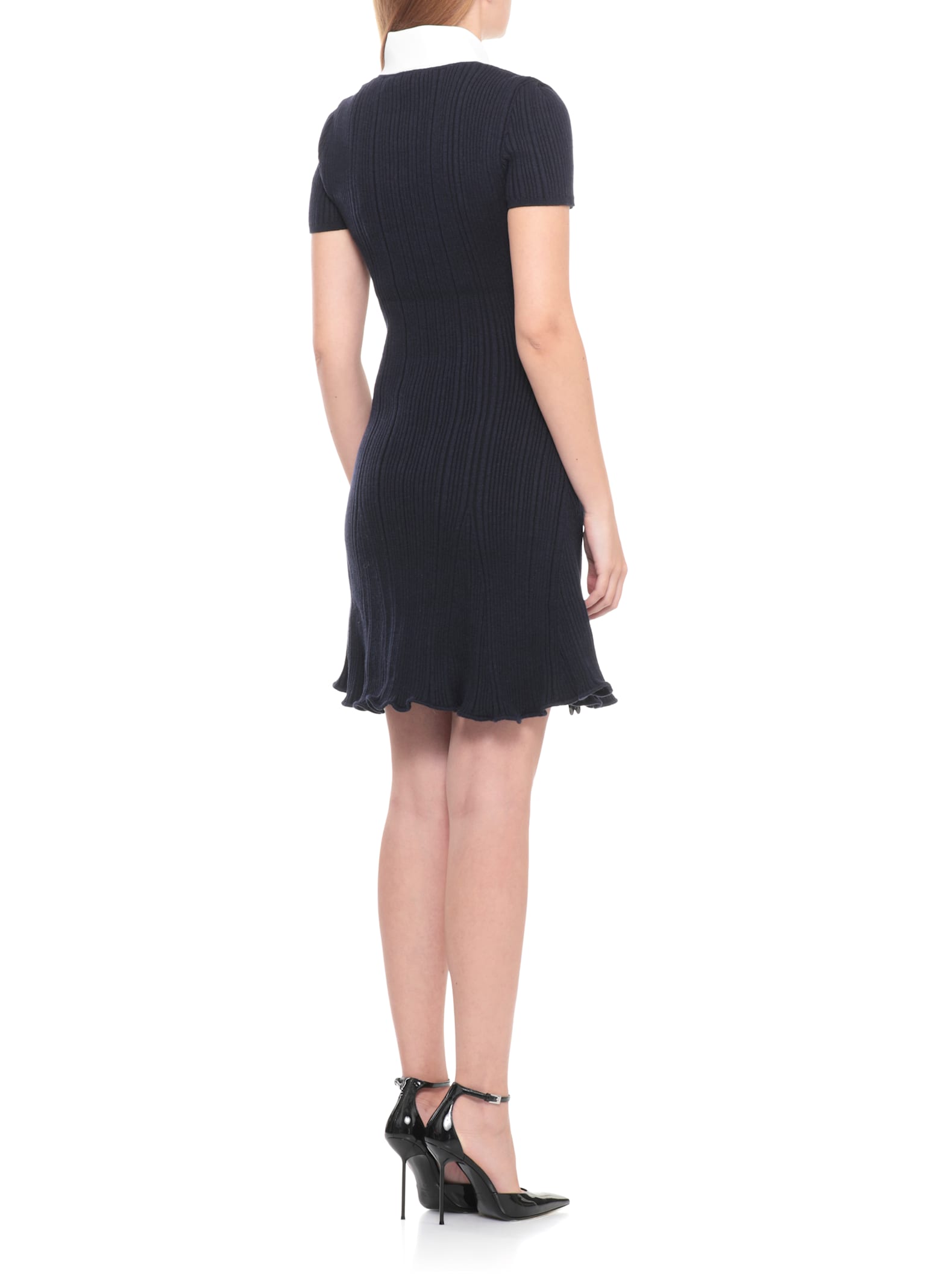 Self-portrait Flared Hem Dress Ribbed Texture In Blue