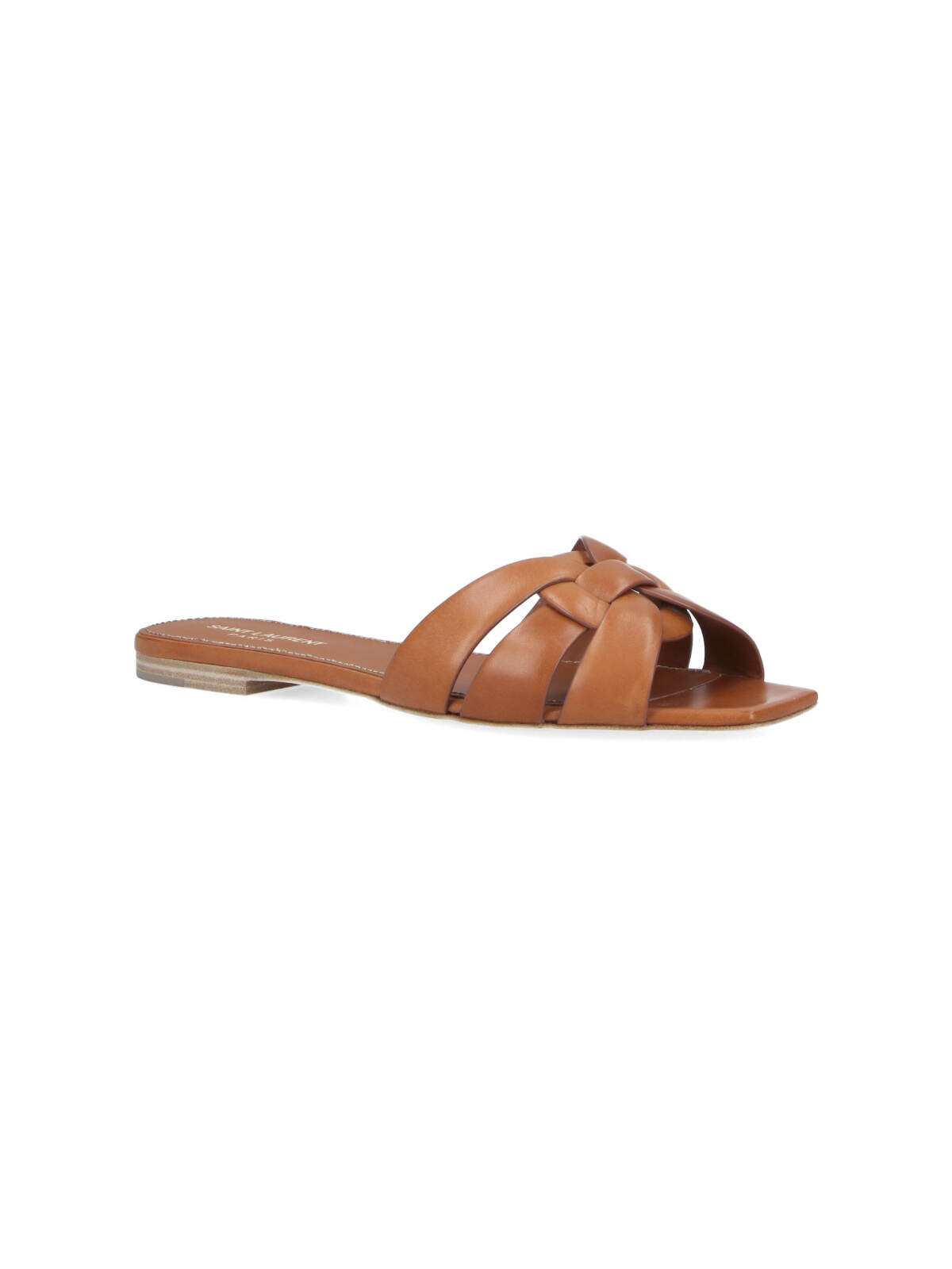 Saint Laurent Tribute Woven Leather Flat Sandals In Brown