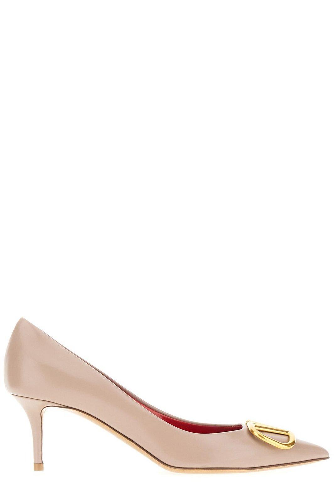 Shop Valentino Vlogo Plaque Pointed Toe Pumps In Poudre