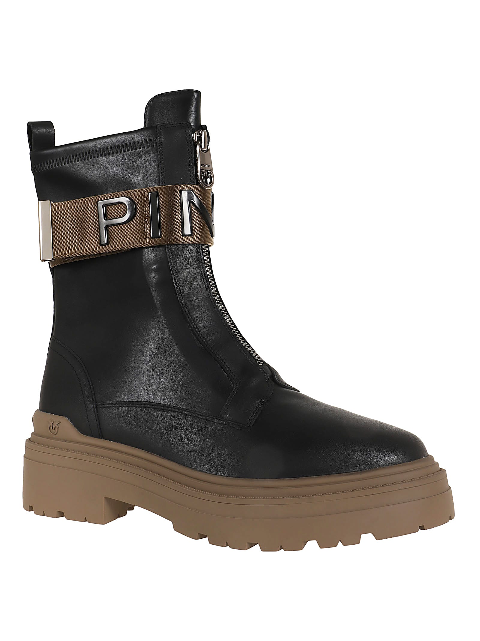 Pinko Stretch Leather Biker Lace-up With Gold Buckle In Black