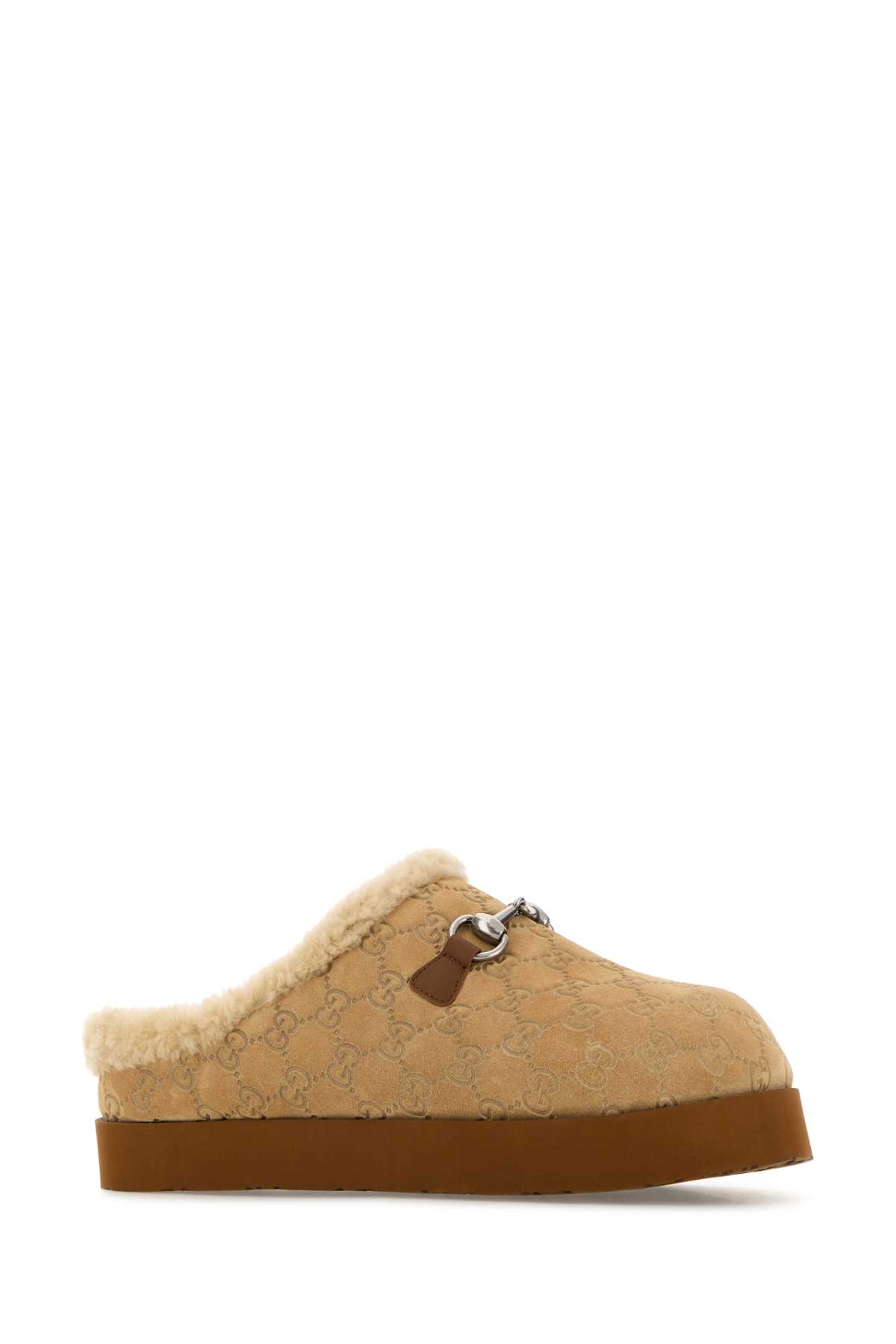 Gucci Gg Shearling-trimmed Suede Mules In Brown