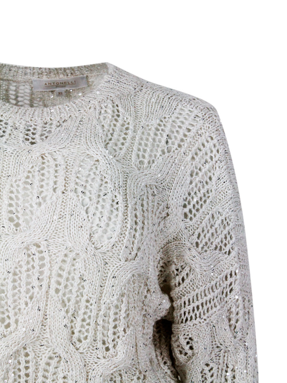 Shop Antonelli Long-sleeved Crew-neck Sweater With Braided Workmanship Embellished With Cotton And Linen Microsequi In Beige