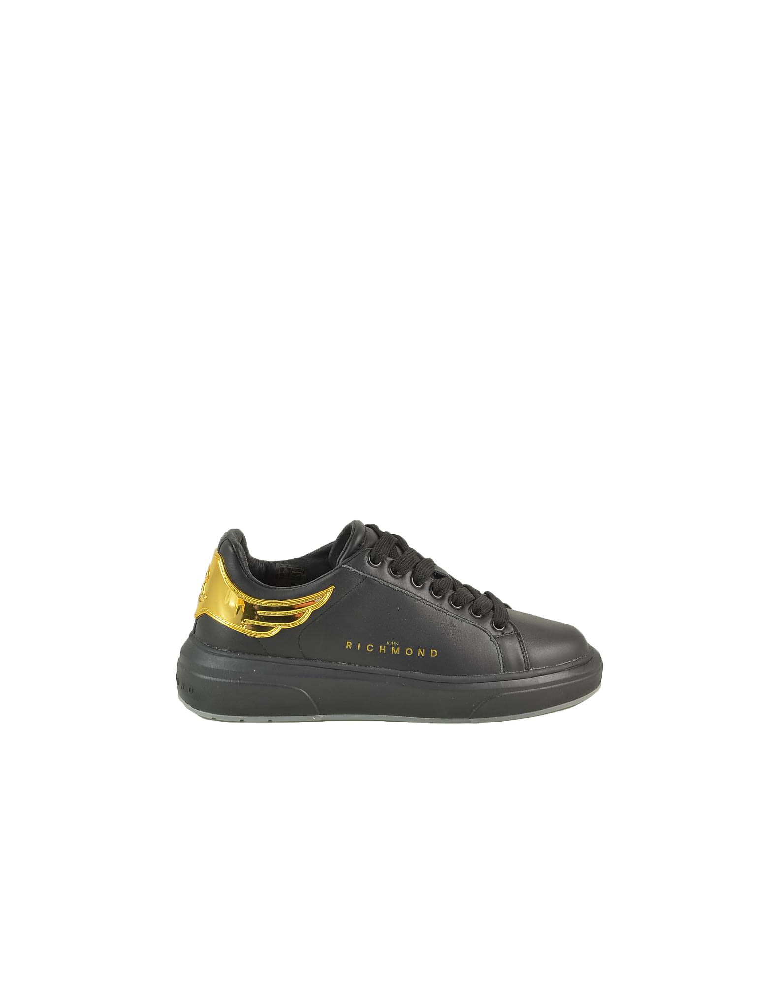 John Richmond Black/gold Leather Flat Sneakers