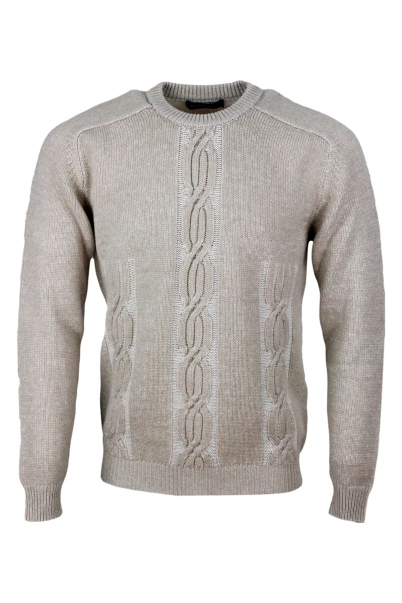 Kiton Long-sleeved Crew-neck Sweater In 100% Pure Cashmere With Braid And Vanisè Coloring