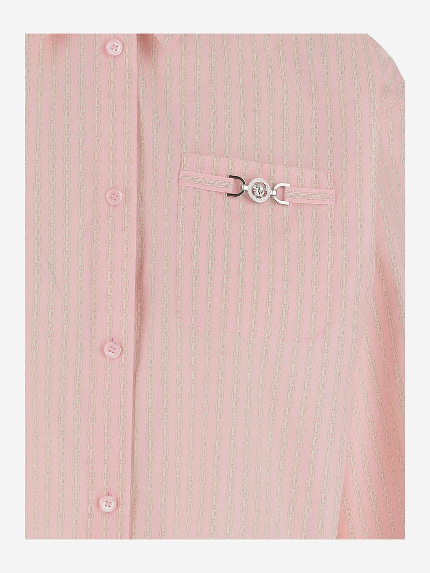 Versace Cotton Crop Shirt With Pinstripe Chain Pattern In 95pastel Pink+milk