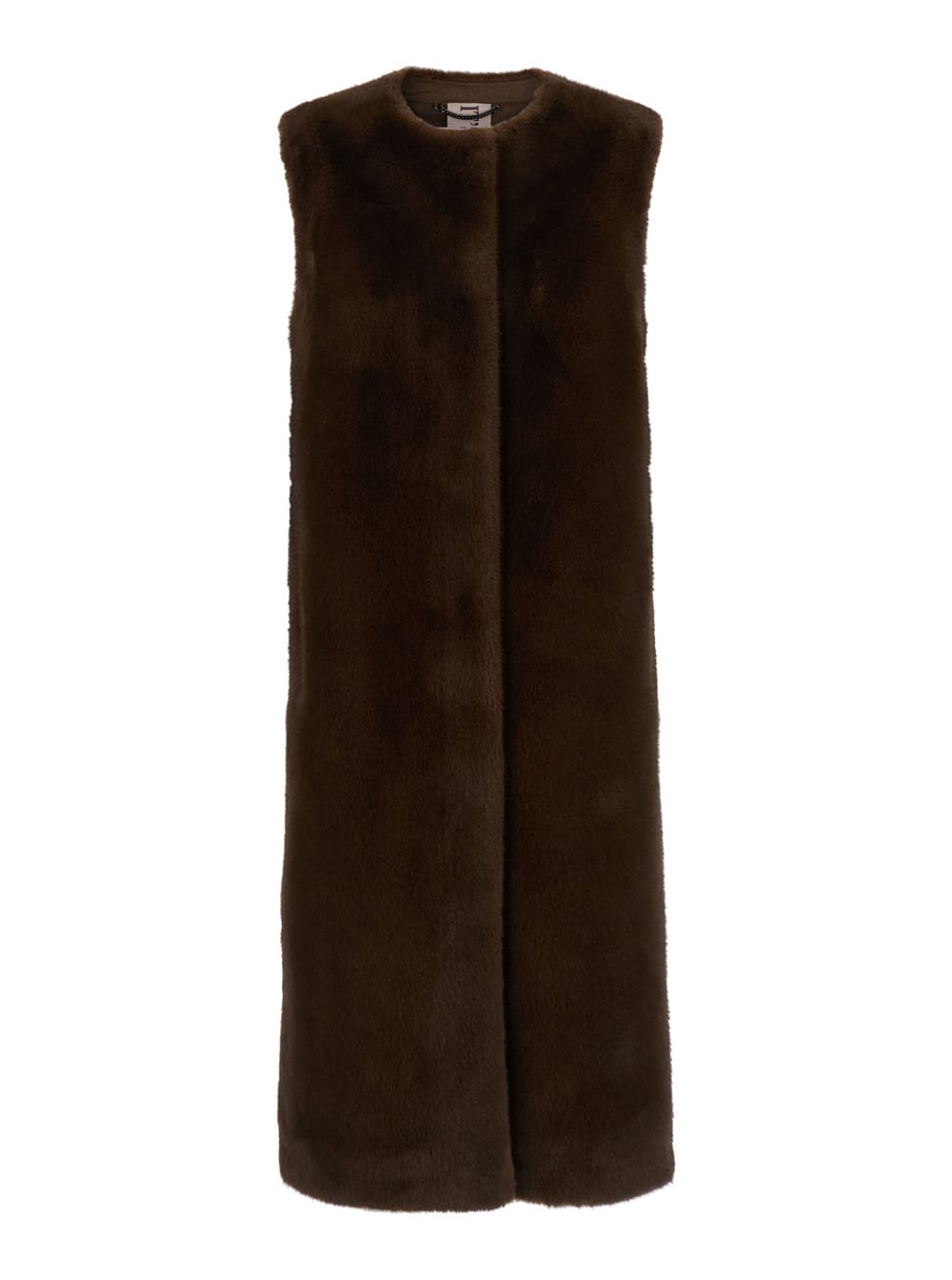 Brown Sleeveless Long Crewneck Vest In Ecofur Woman