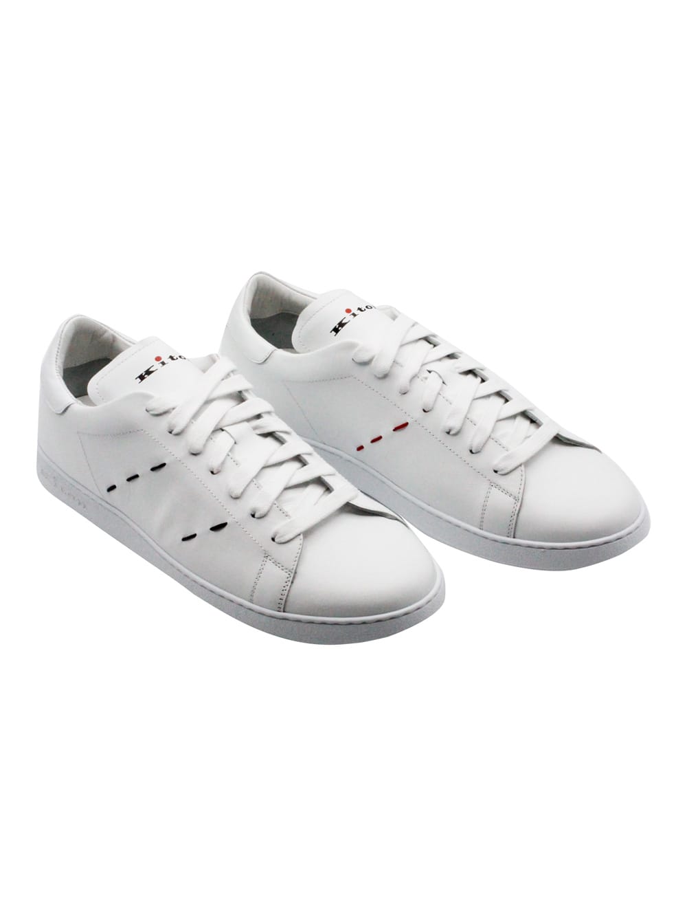 Shop Kiton Lightweight Sneaker Shoe In Soft Leather With Contrasting Color Finishes And Stitching. Tongue With  In White