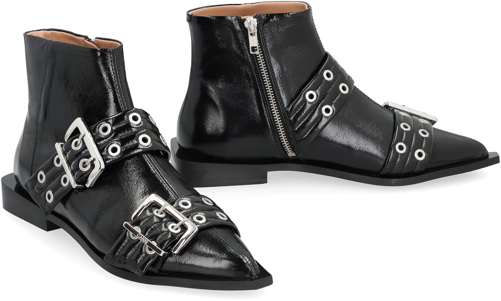 Ganni Black Wide Belt Buckle Ankle Boots In Black