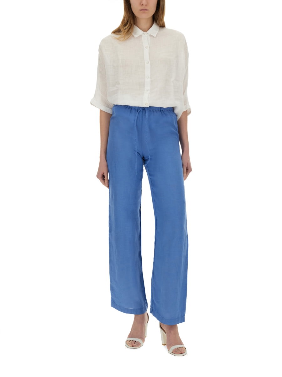 120% Lino Relaxed Wide-leg Linen Pants With Drawstring Waist In Blue