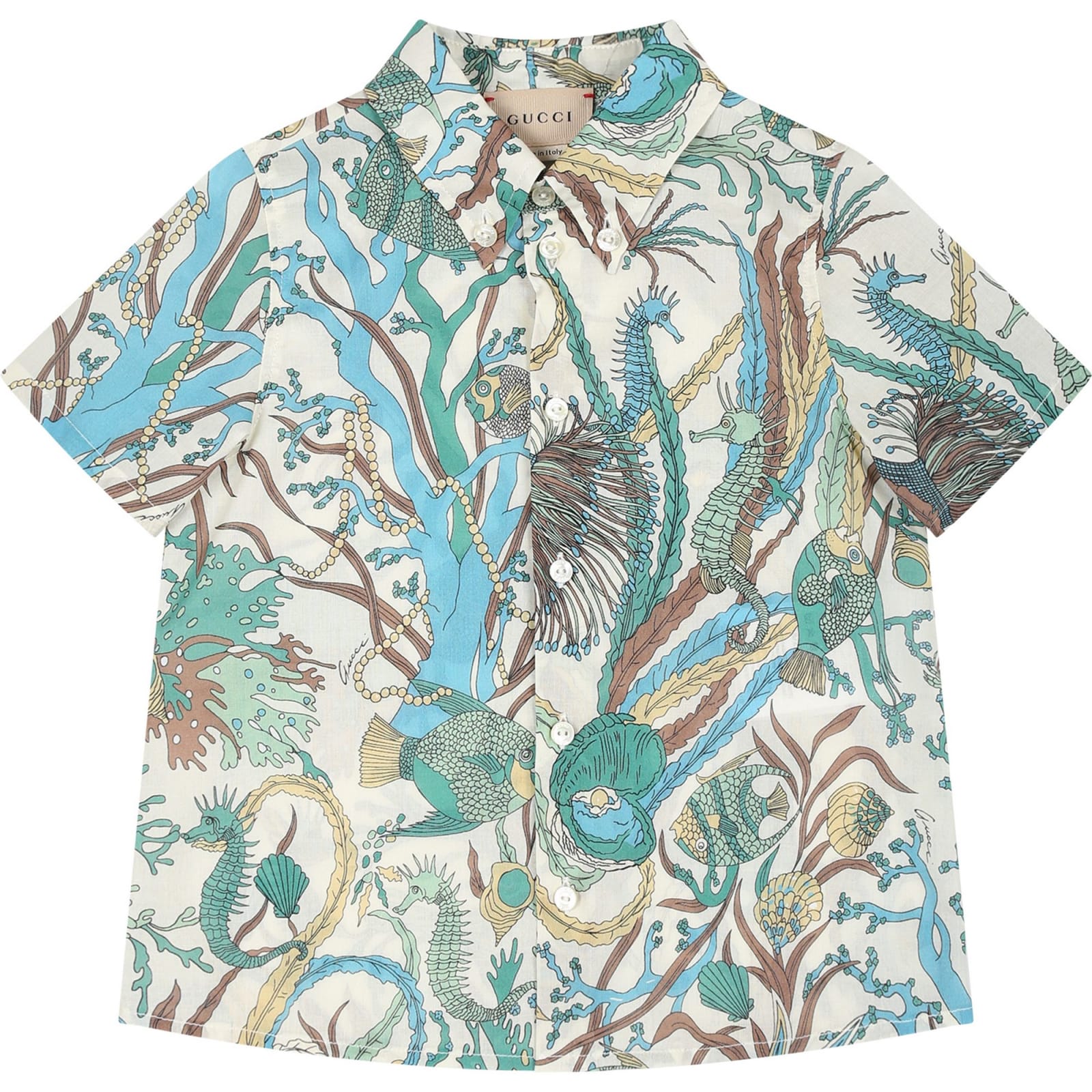 Gucci Kids' Ivory Shirt For Baby Boy With Marine Print In Multi