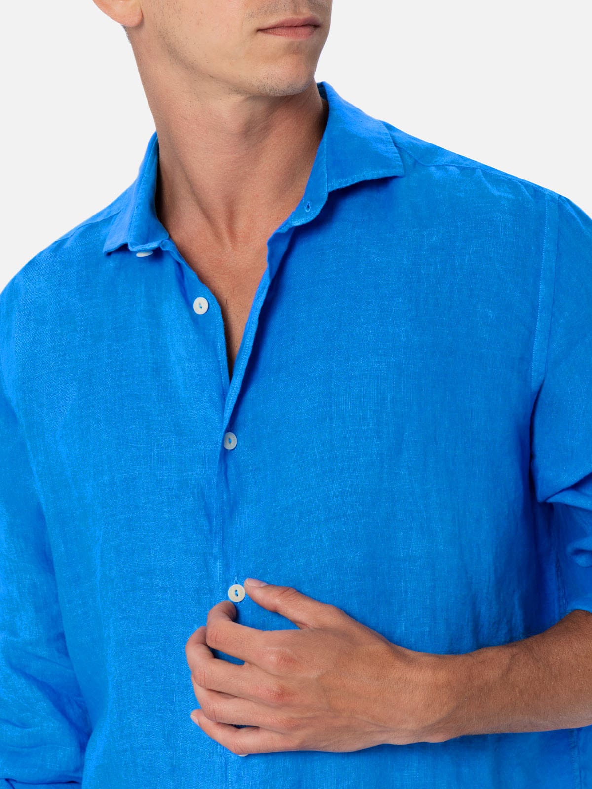 Mc2 Saint Barth Man Watercolor Bluette Linen Shirt Pamplona In Sky