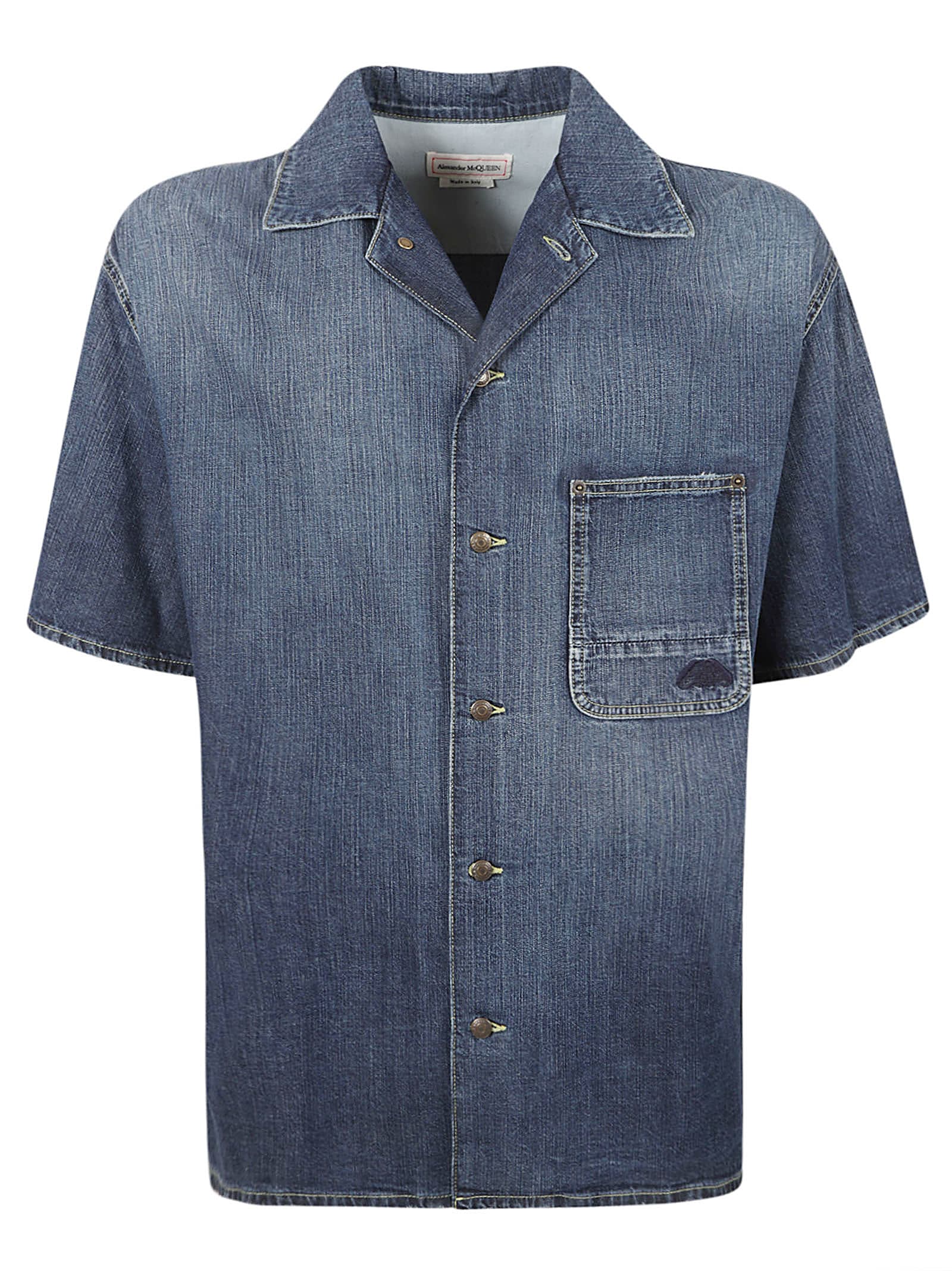 Alexander Mcqueen Hawaiian Denim Shirt In Blue Washed