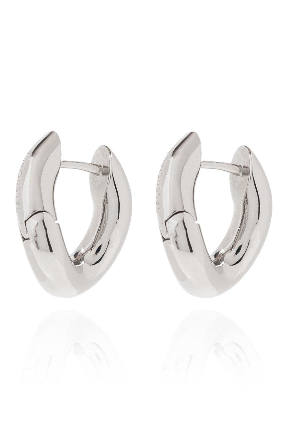 Shop Balenciaga Loop Xxs Logo Engraved Earrings In Shiny Silver