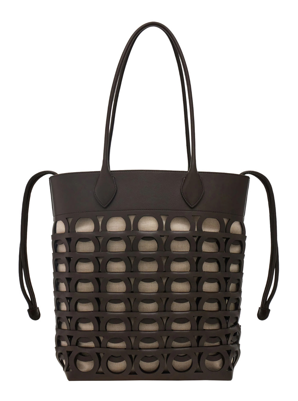 FERRAGAMO BLACK TOTE BAG WITH CUT-OUT AND MAGNETIC CLOSURE AND DRAWSTRING CLOSURE IN LEATHER WOMAN 