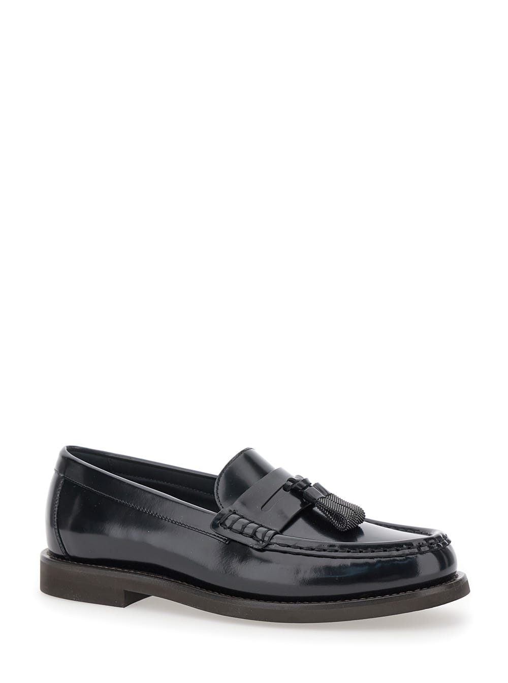 Shop Brunello Cucinelli Black Loafers With Monile Detail In Leather Woman