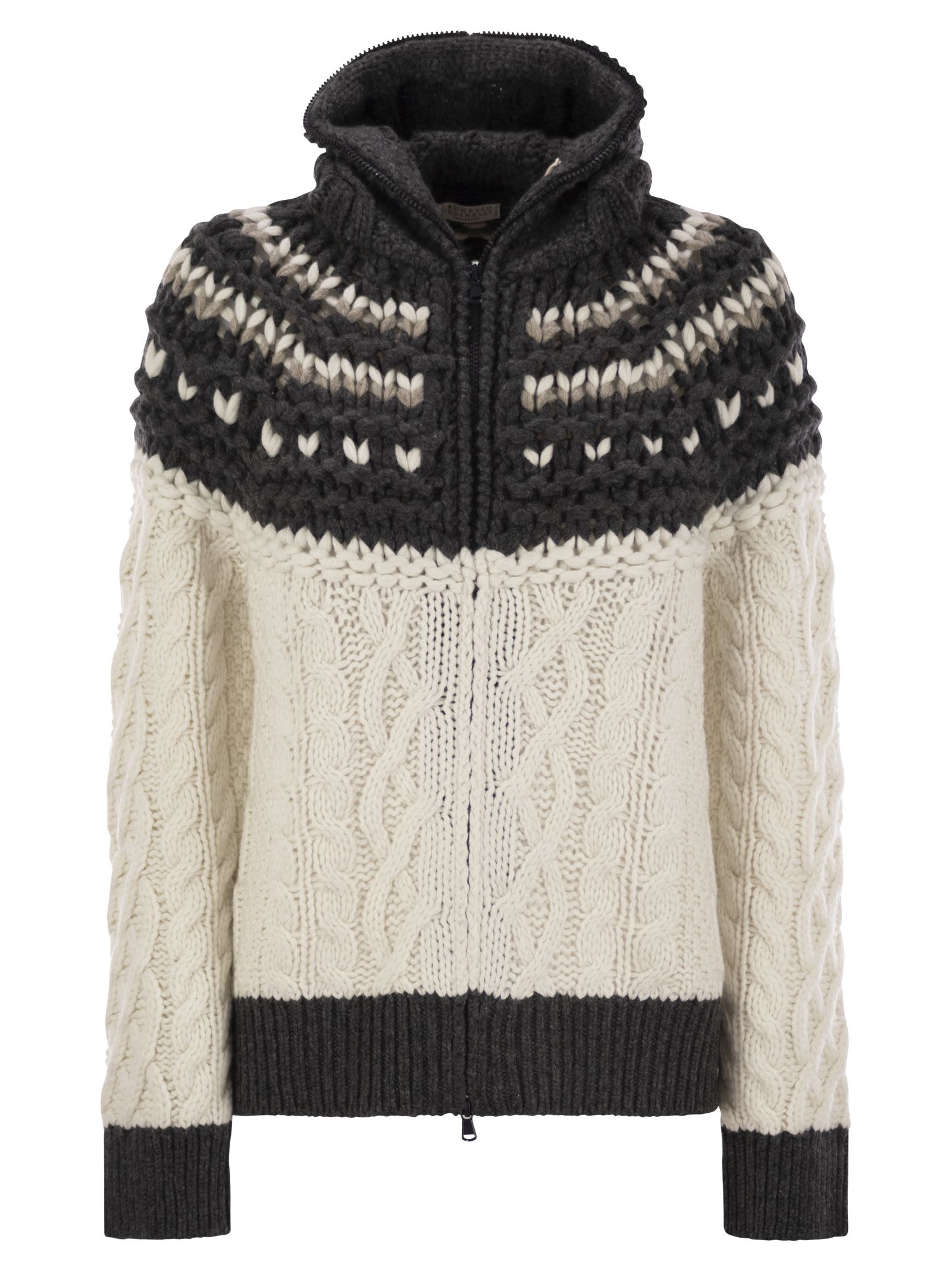 Shop Brunello Cucinelli Opera Mountain Cables Cashmere Feather Cardigan With Handmade Hood In Ivory