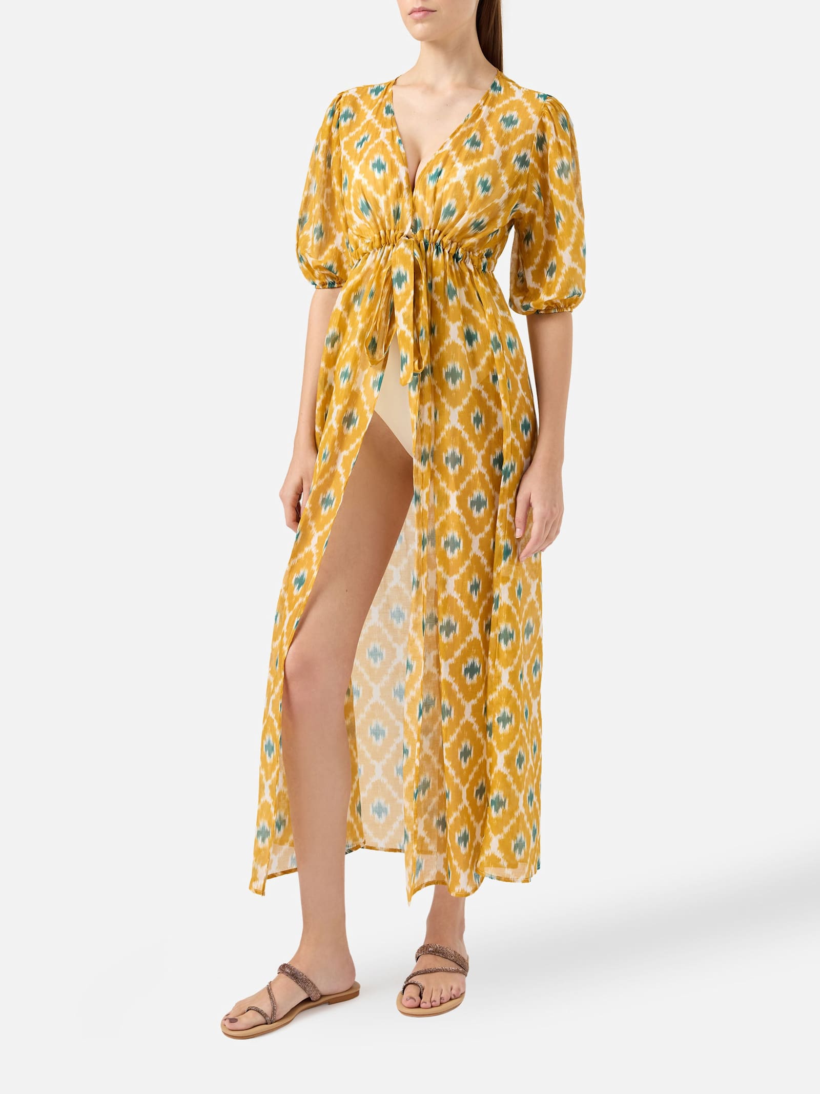 MC2 Saint Barth Cotton And Silk Long Dress Bliss With Geometric Print