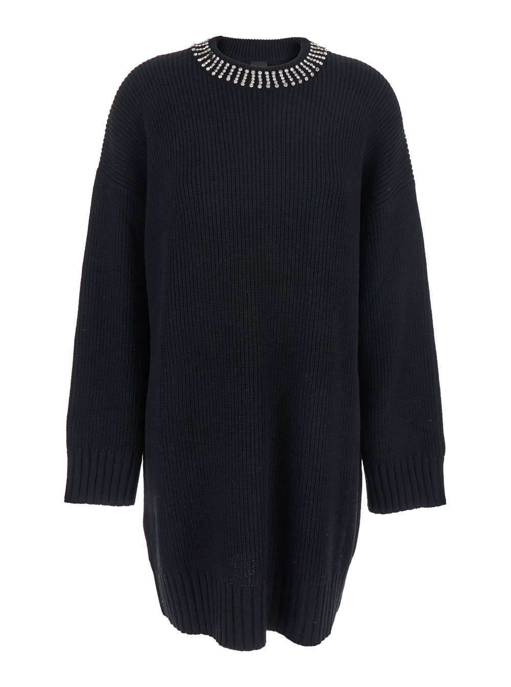 Pinko Knit Dress With Rhinestone-detailed Neck In Black