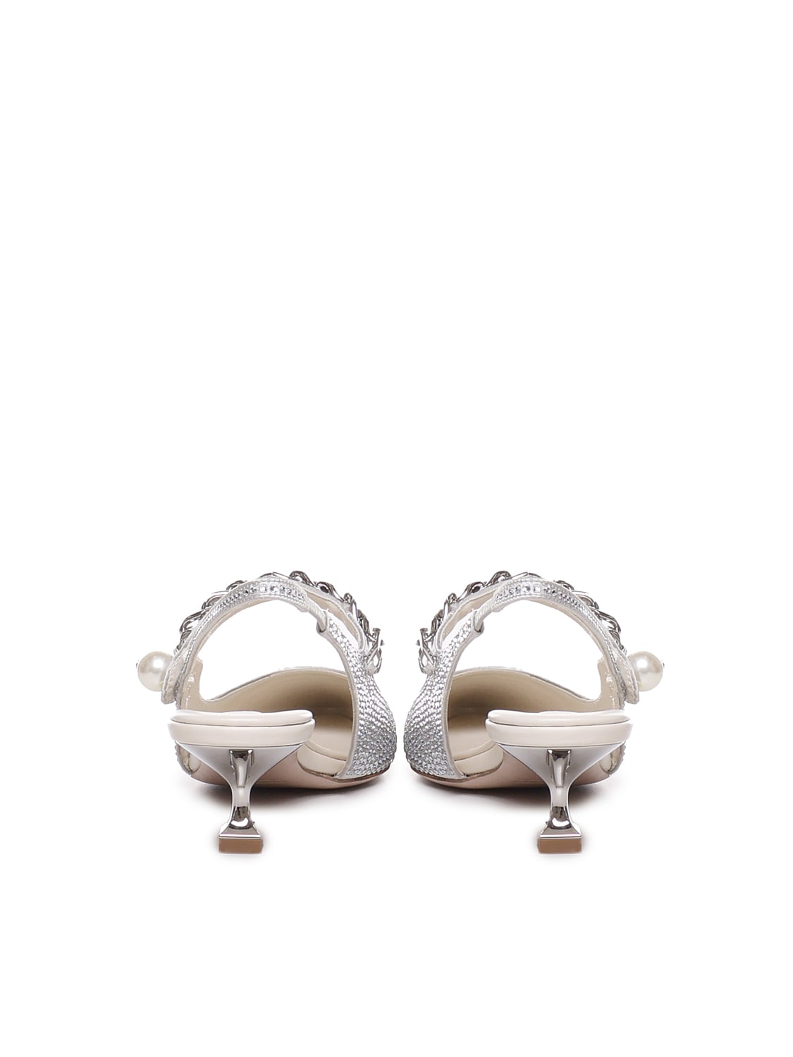 Shop Miu Miu Silk Blend Slingback With Applications In Silver Pearl