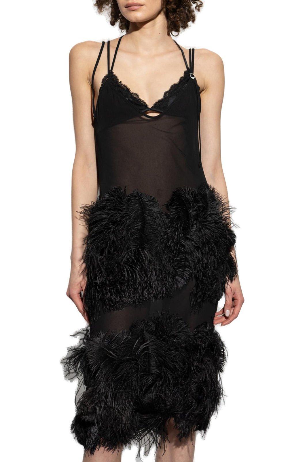 Shop Attico Feather Embellished Spaghetti Strap Midi Dress In Black