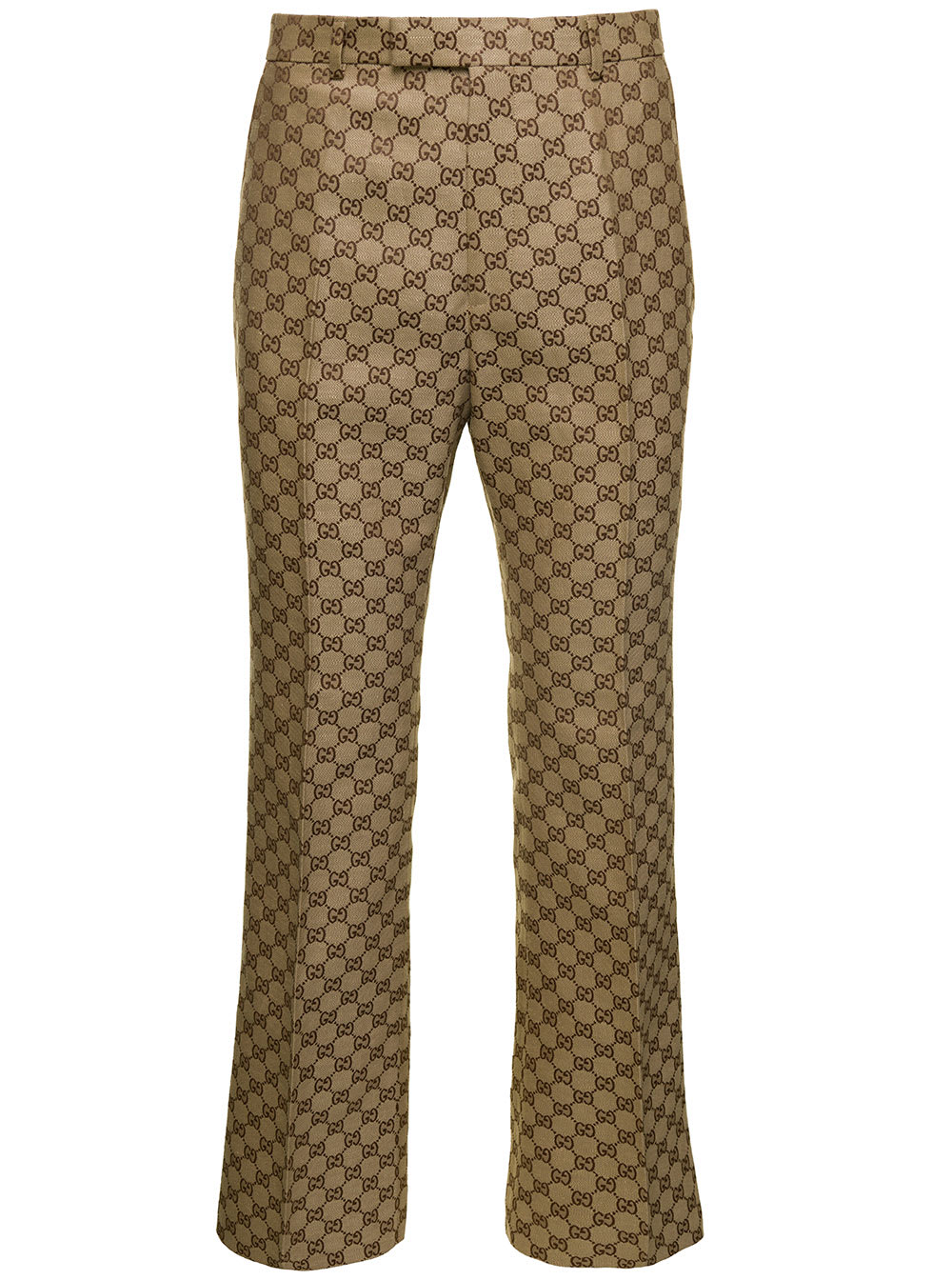 GUCCI CAMEL AND EBONY TROUSERS WITH GG SUPREME MOTIF IN LINEN BLEND MAN