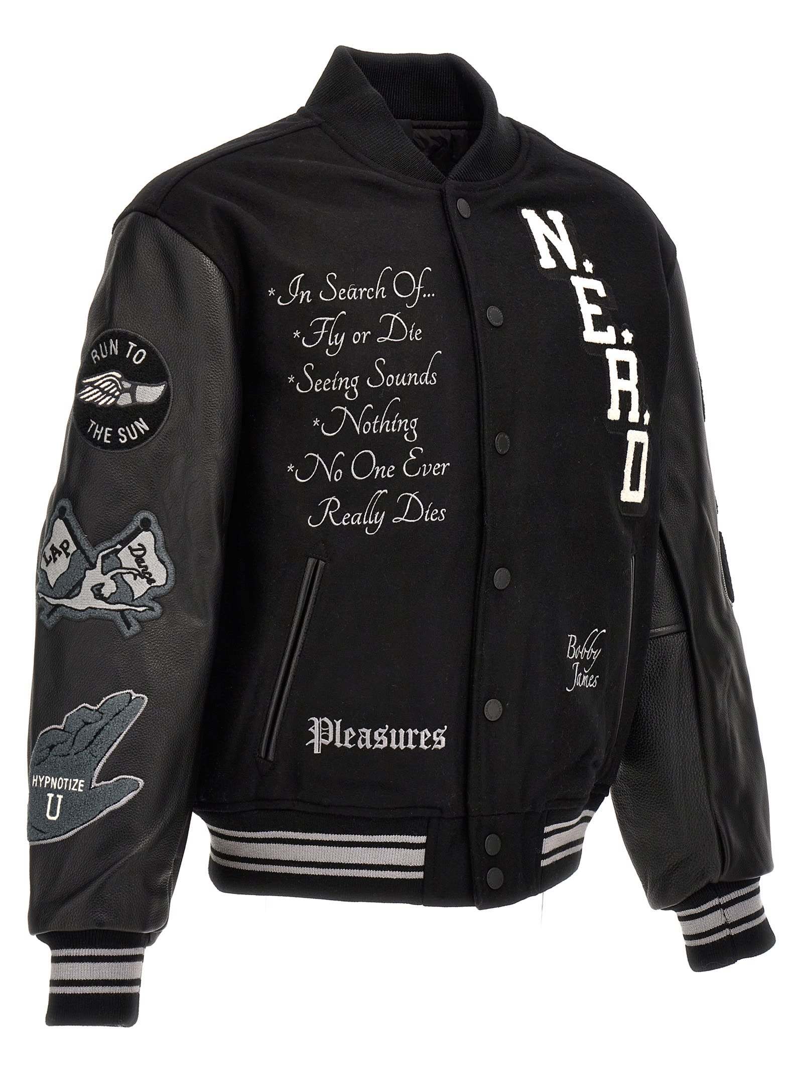 Shop Pleasures Nerd Varsity Bomber Jacket In Black
